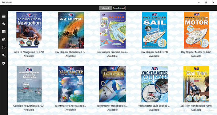 Screenshot from the RYA Books app for Windows 10 and Windows 11, showing the My Owned eBooks section in landscape view